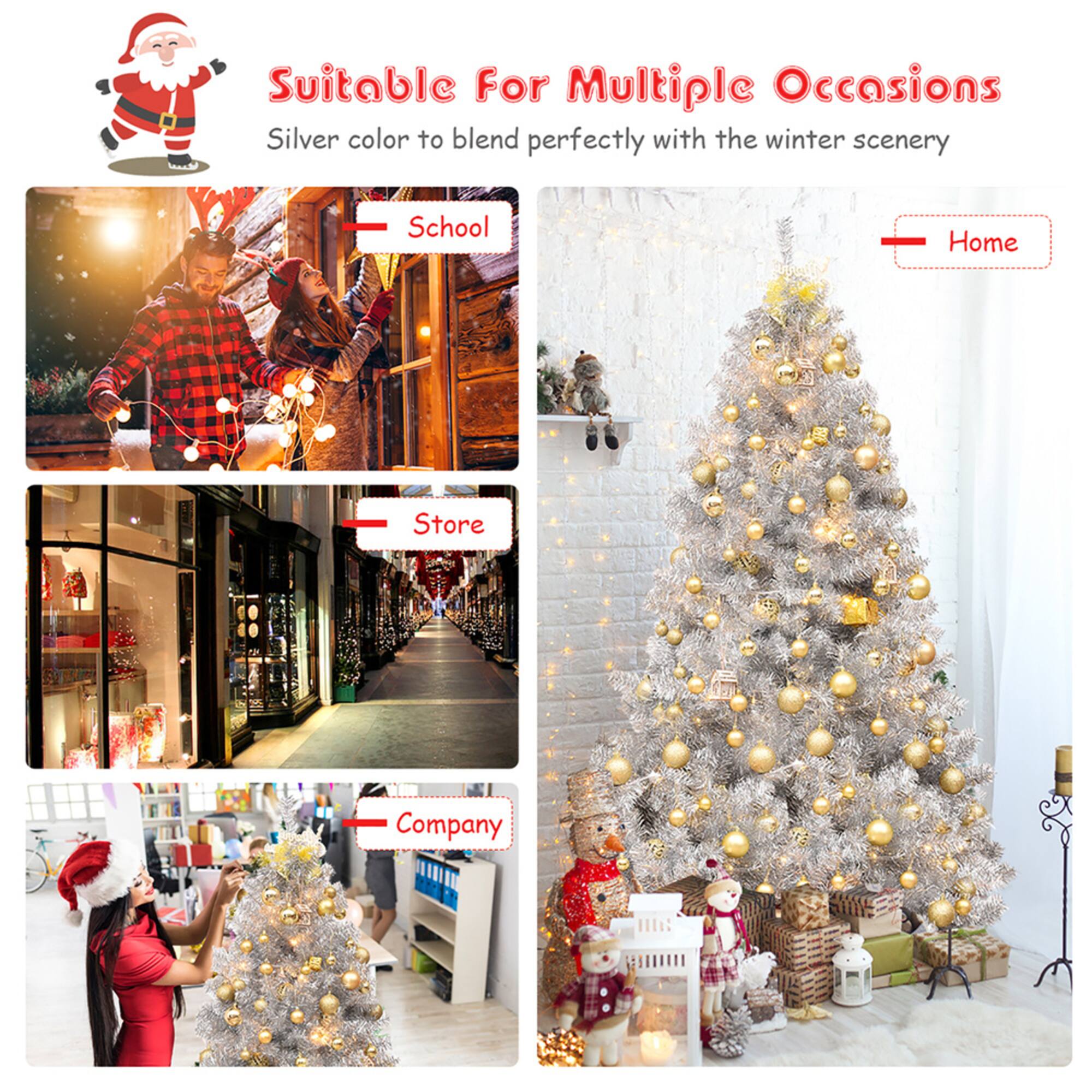 Costway 6ft. Unlit Artificial Silver Tinsel Hinged Christmas Tree with Metal Stand